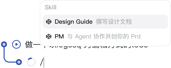 在任务树中通过斜杠选择 Design Guide 和 PM Skill