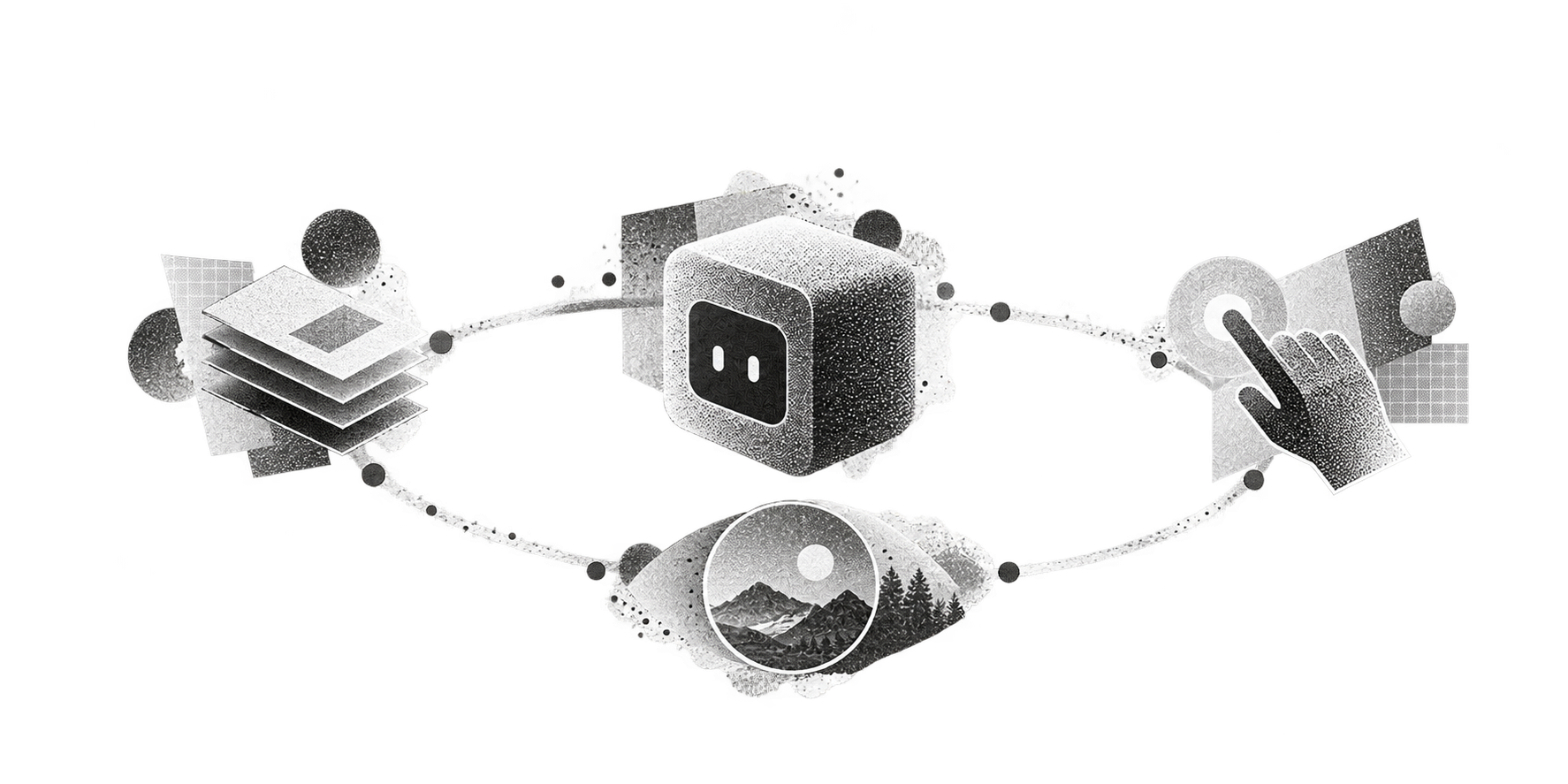 呈现 Context、Agent、Tools 与 Environment 闭环关系的黑白拼贴插画