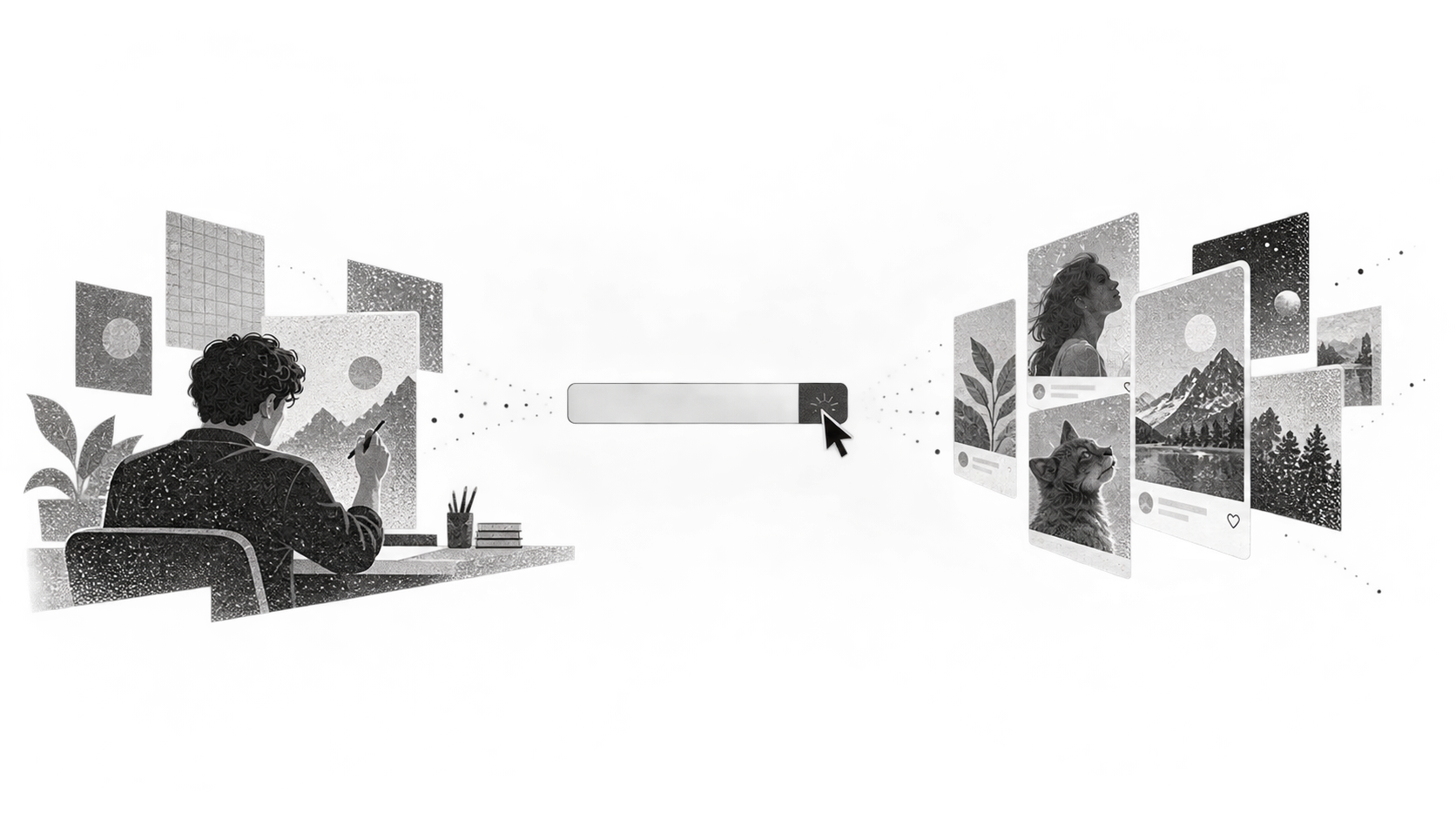 AI 创作与消费边界的灰度插画